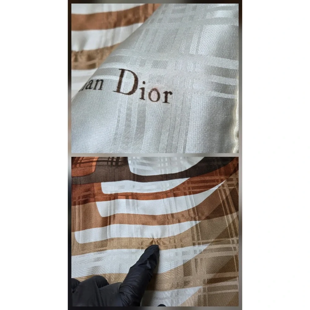 Christian Dior Silk Scarf Grey Brown Plaid Oversized D Logo Square Neck Scarf